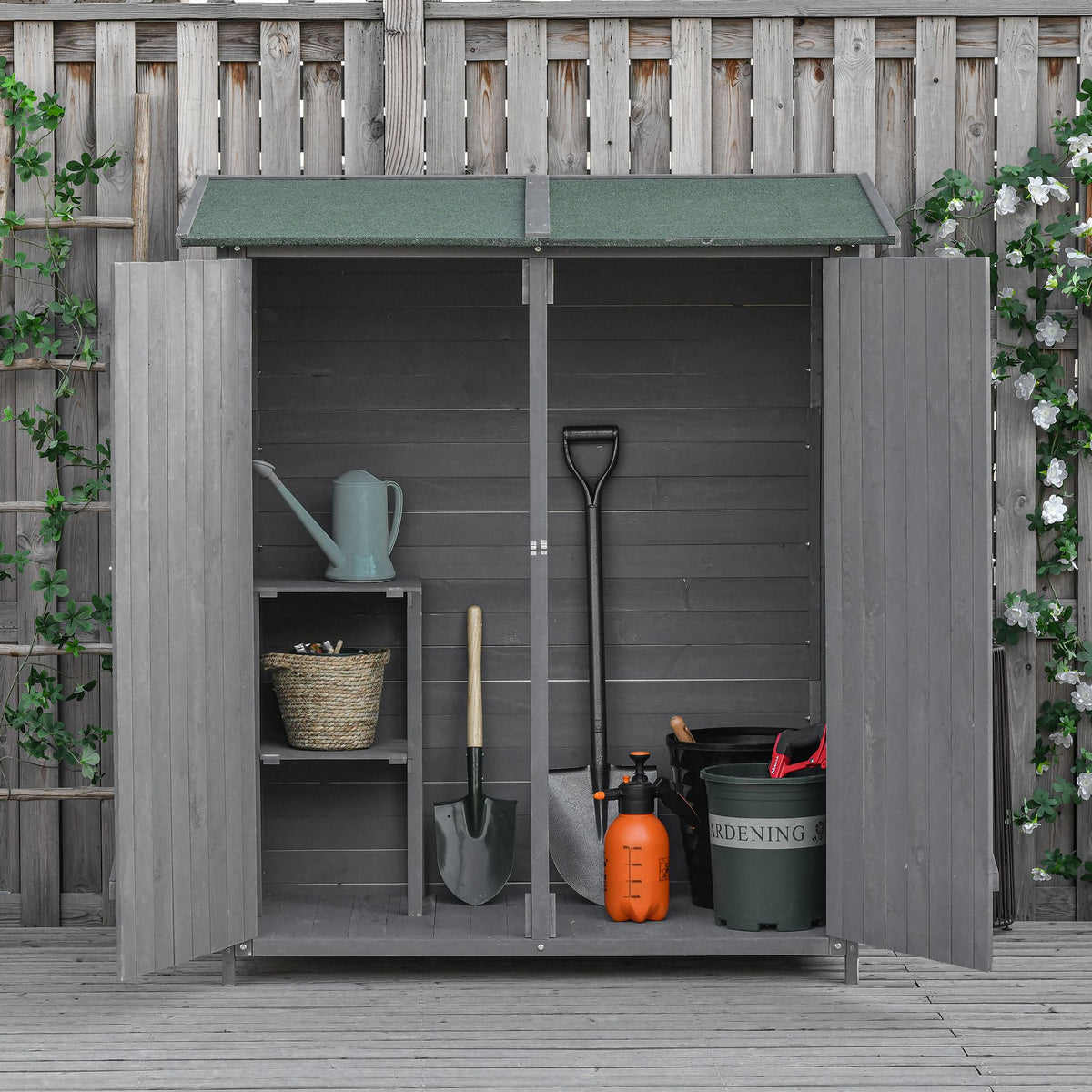 Garden Storage Shed Asphalt Roof Wooden Timber Double Door Utility Storage House with Shelf, Green and