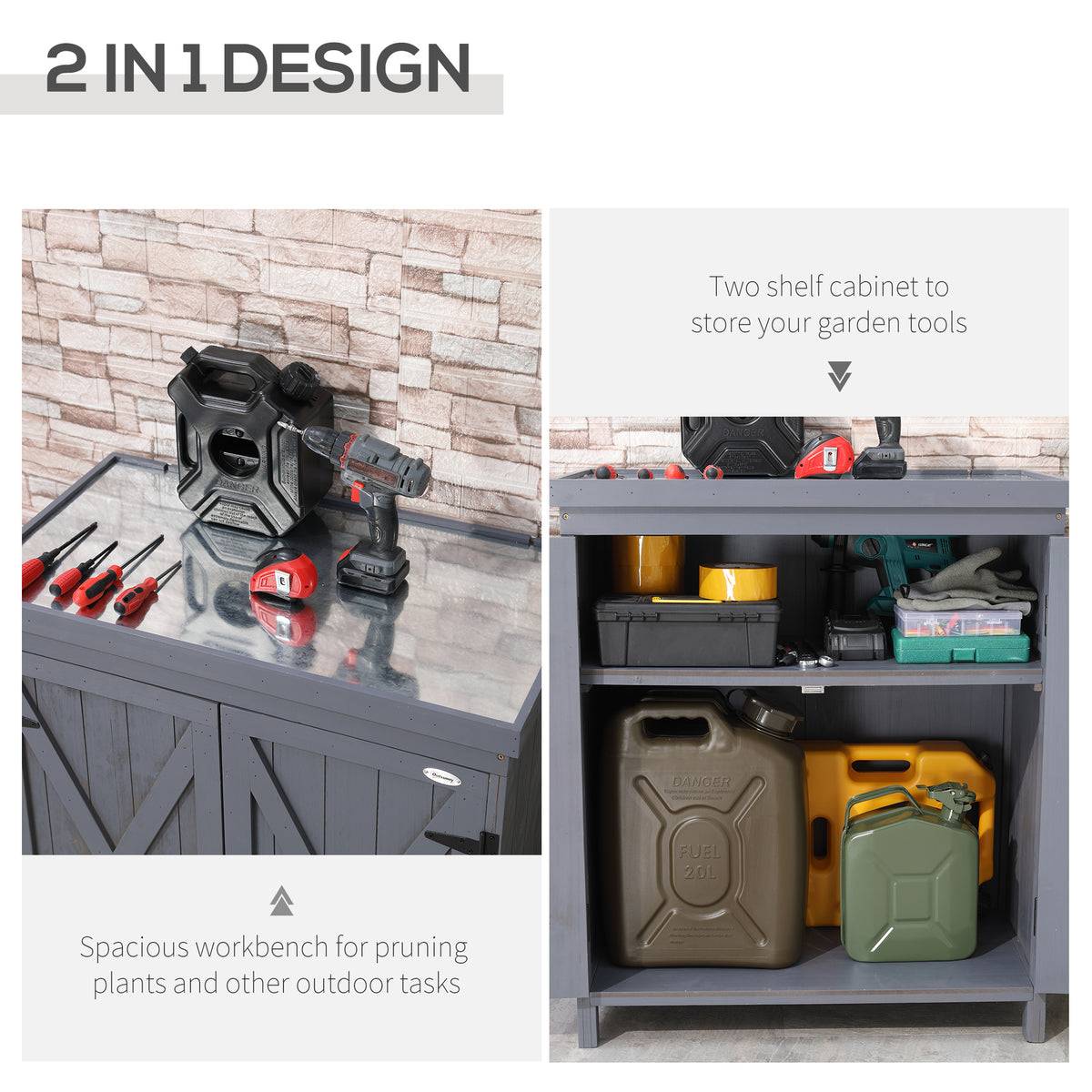 Garden Storage Cabinet, Outdoor Tool Shed with Galvanized Top and Two Shelves for Yard Tools and Pool Accessories