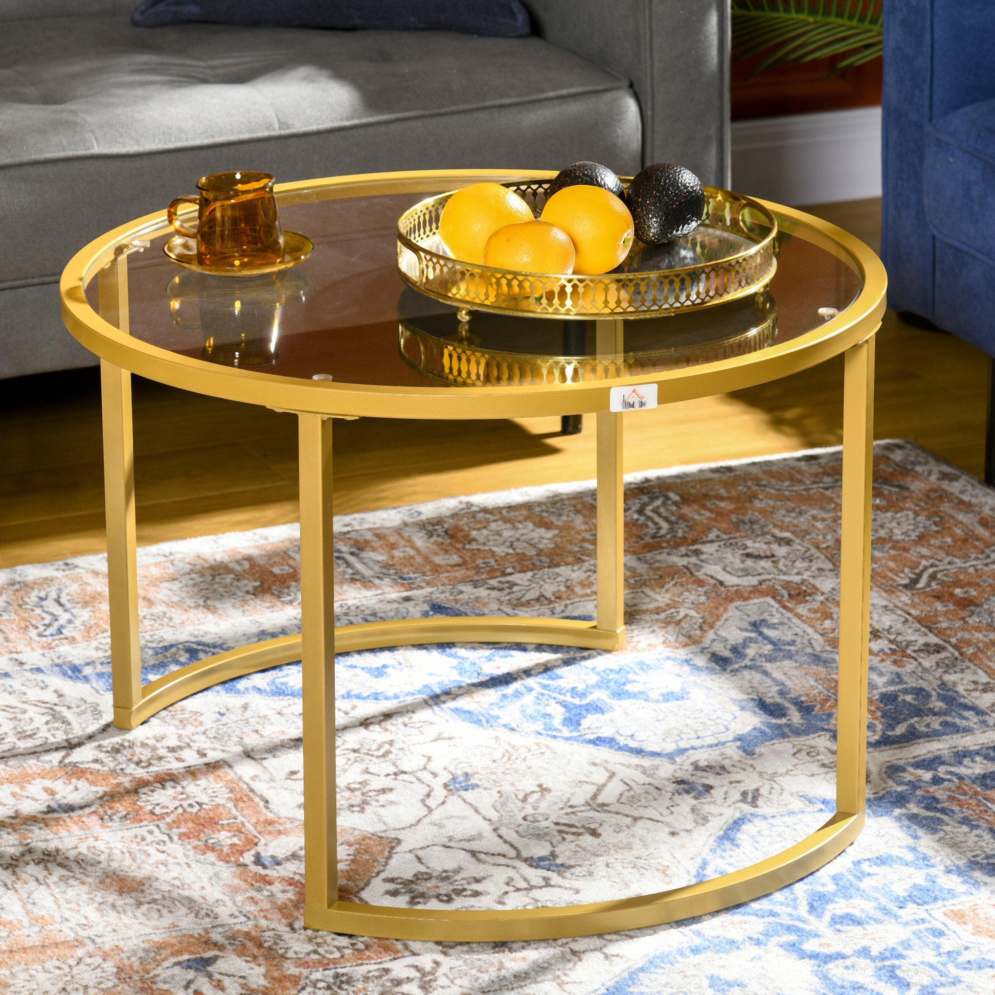 HOMCOM Modern Round Nesting Coffee Table Set - Tempered Glass & Gold Steel Frame