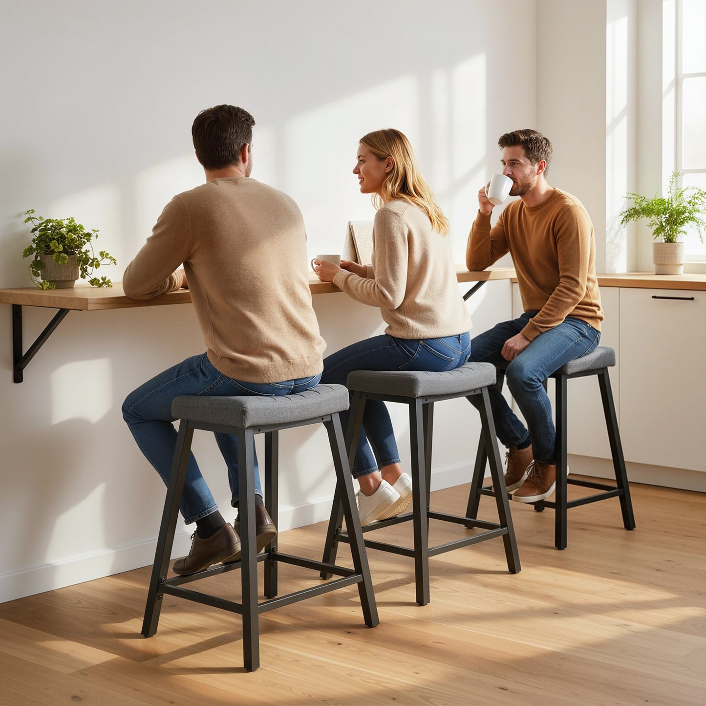 HOMCOM Velvet Upholstered Bar Stools Set of 3 Grey