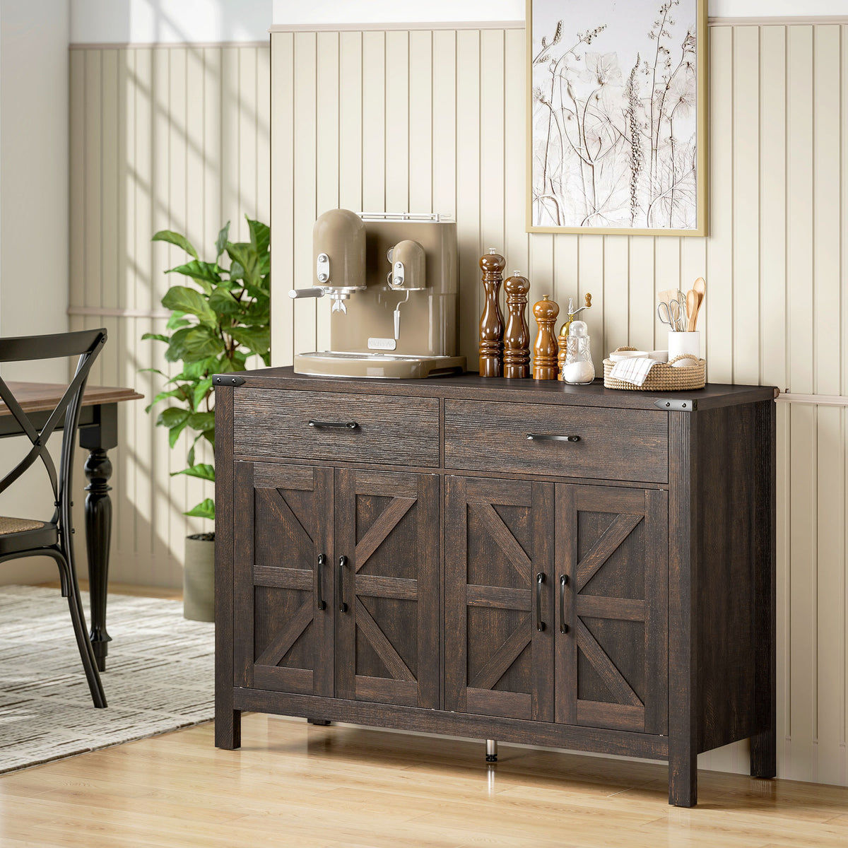 Farmhouse Kitchen Storage Cabinet with 2 Drawers and Shelves – 47"W x 32"H