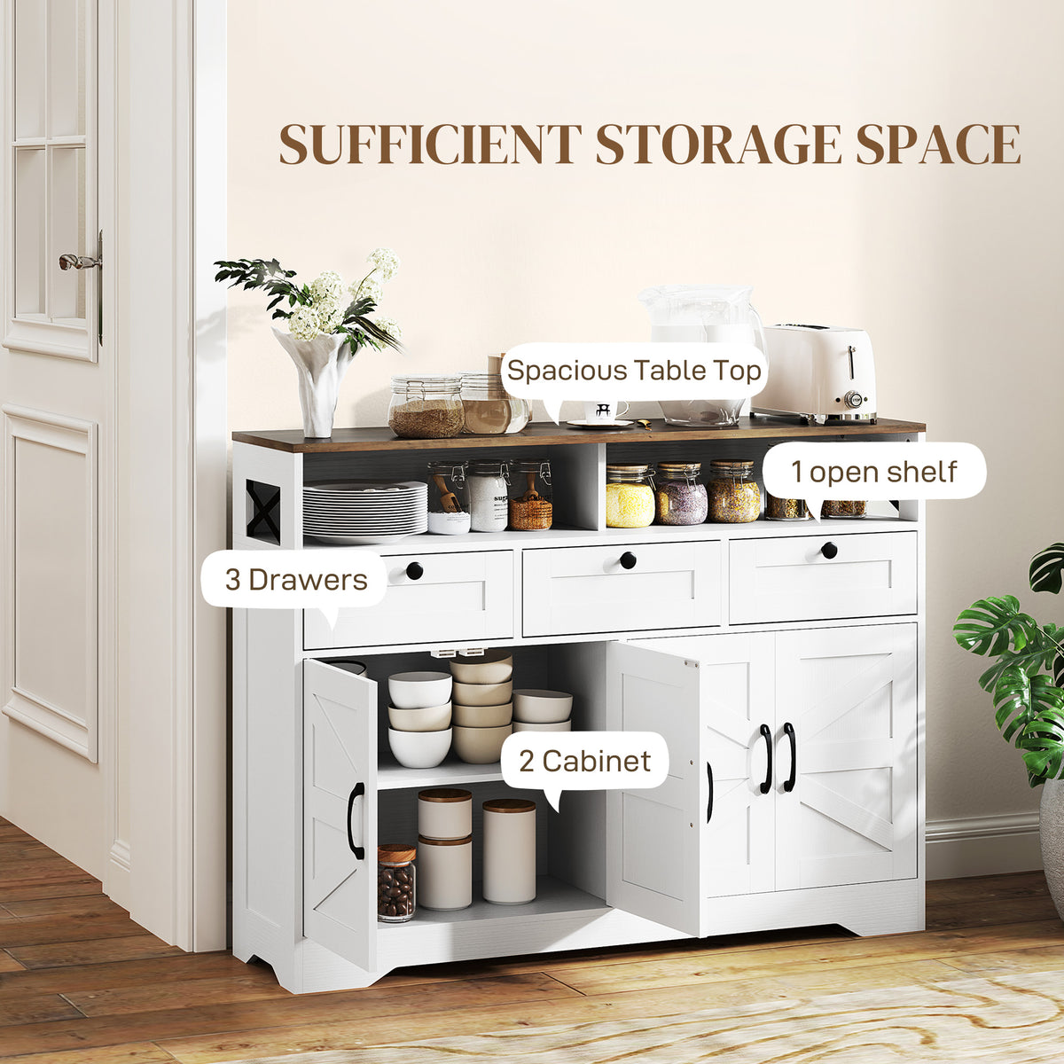 Buffet Cabinet with 4 Barn Doors and 3 Drawers – 47"W x 35"H