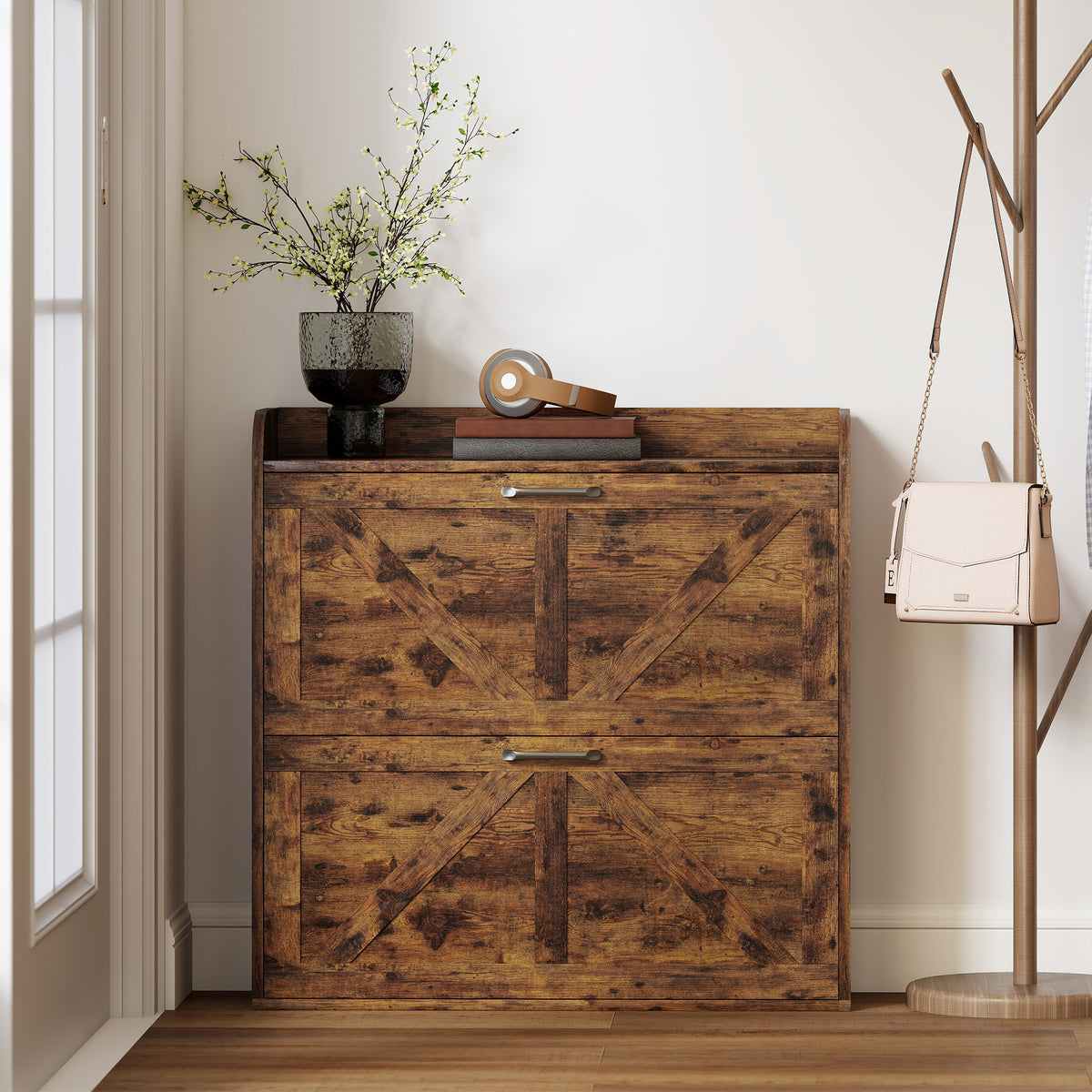 Farmhouse Shoe Cabinet with 2 Flip Drawers – 31"W x 34"H
