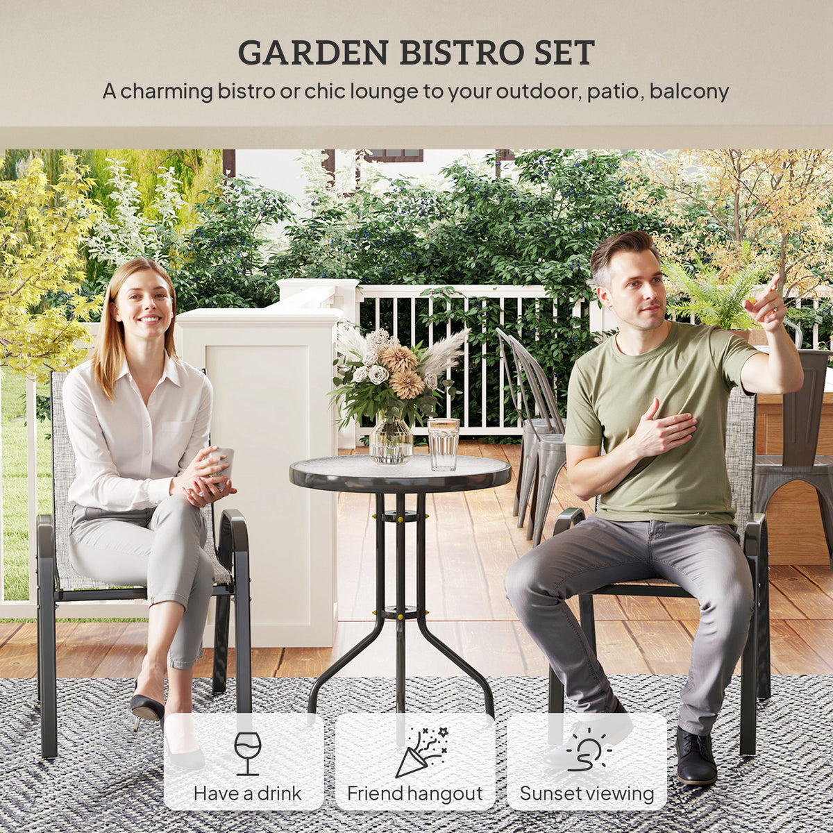 3 Pieces Bistro Set, Small Patio Furniture Set with Stackable Mesh Chairs, Glass Table for Garden, Balcony – Grey
