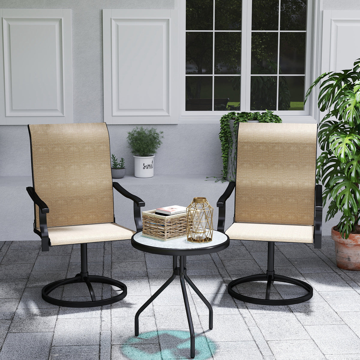 Outdoor Swivel Dining Chairs Set of 2, High Back Swivel Chairs with All Weather Mesh for Deck, Backyard, Poolside – Brown