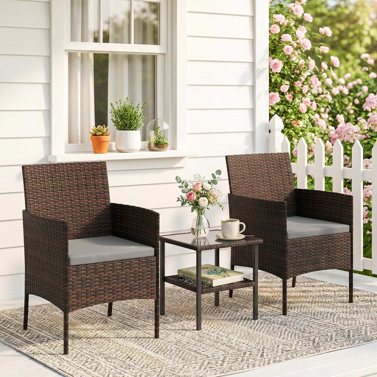 Wicker Bistro Set, 3 Piece Patio Furniture Set with 2-Tier Glass Top Table, Cushions for Balcony, Porch