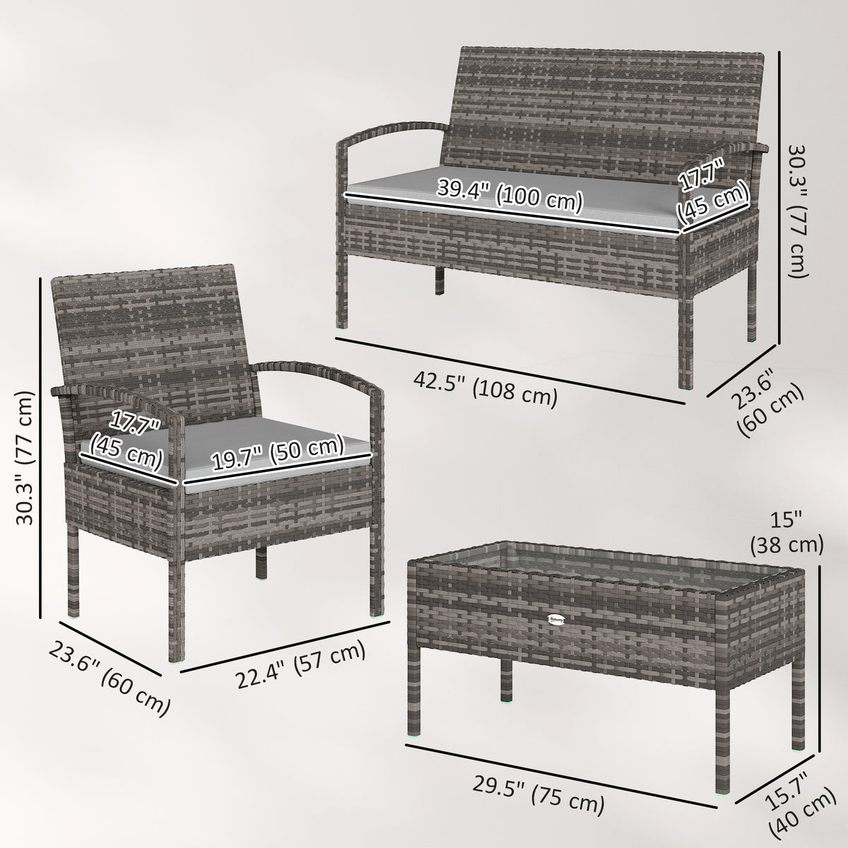 4 Pieces Patio Furniture Set with A Loveseat, Two Armchairs and A Coffee Table, Outdoor Conversation Set – Light Grey