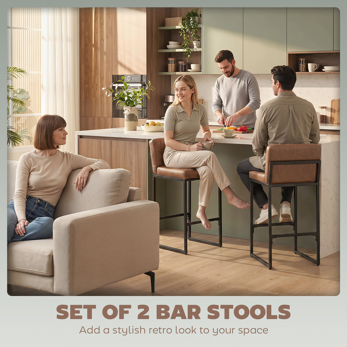 Retro Padded PU Leather Counter Stools with Back and Metal Legs, Set of 2, Brown