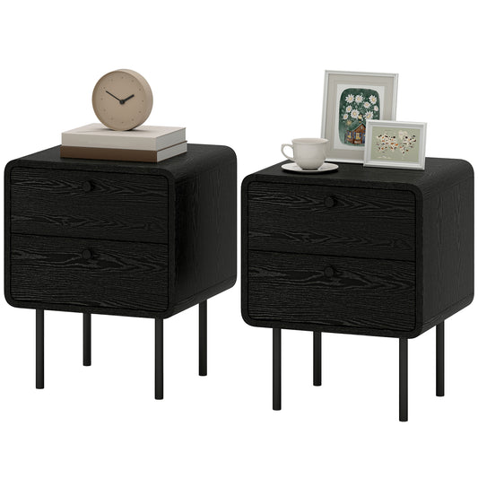 Modern Black Wood Grain Nightstands Set of Two, Dual Storage Drawers