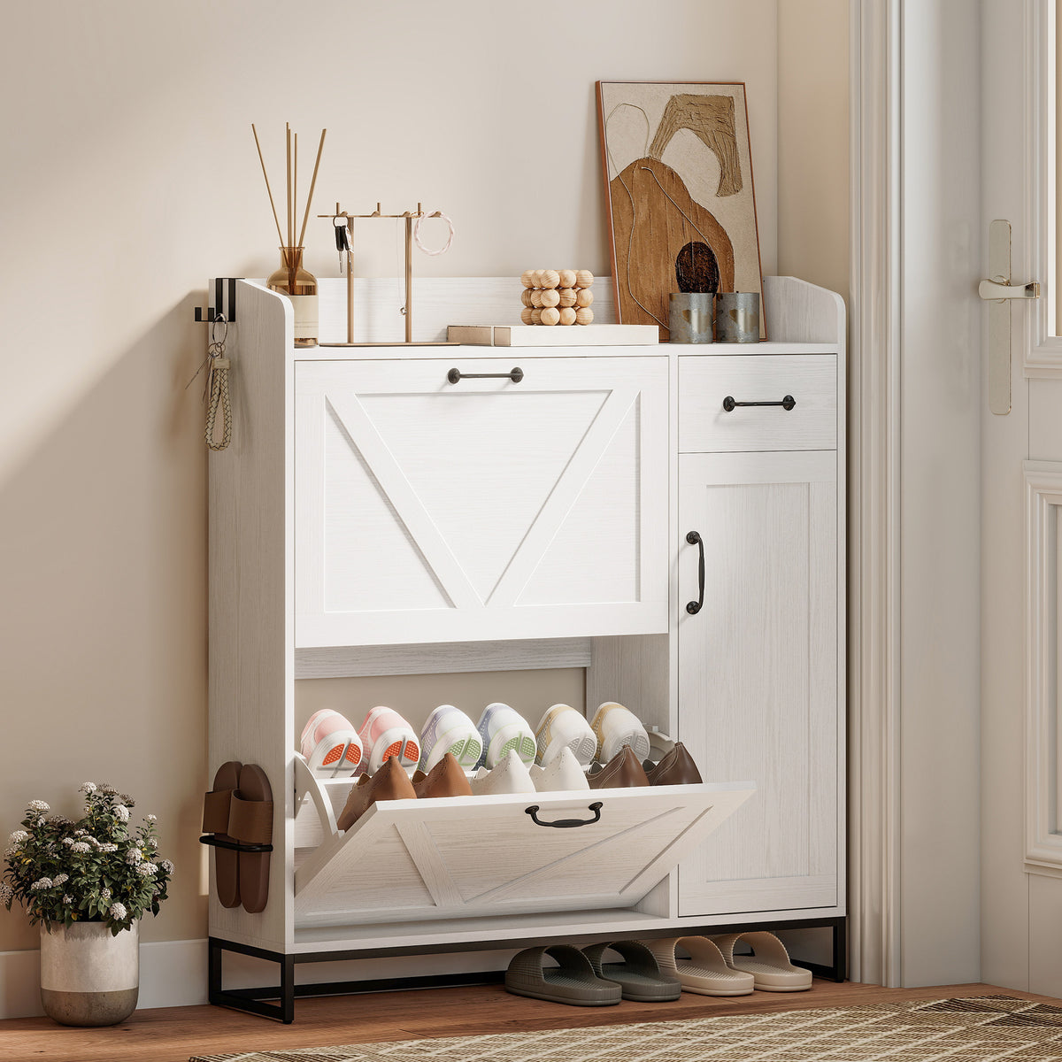 Farmhouse Shoe Cabinet with Side Cabinet – 42"W x 46"H