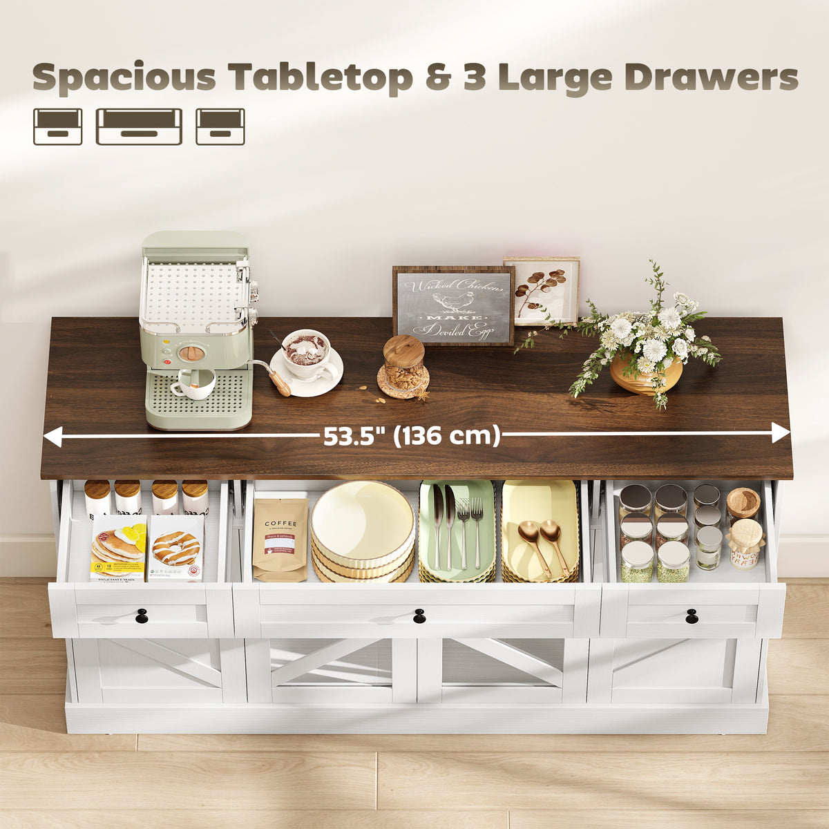 Farmhouse Kitchen Storage Cabinet with Acrylic Barn Doors and 3 Drawers – 54"W x 31"H