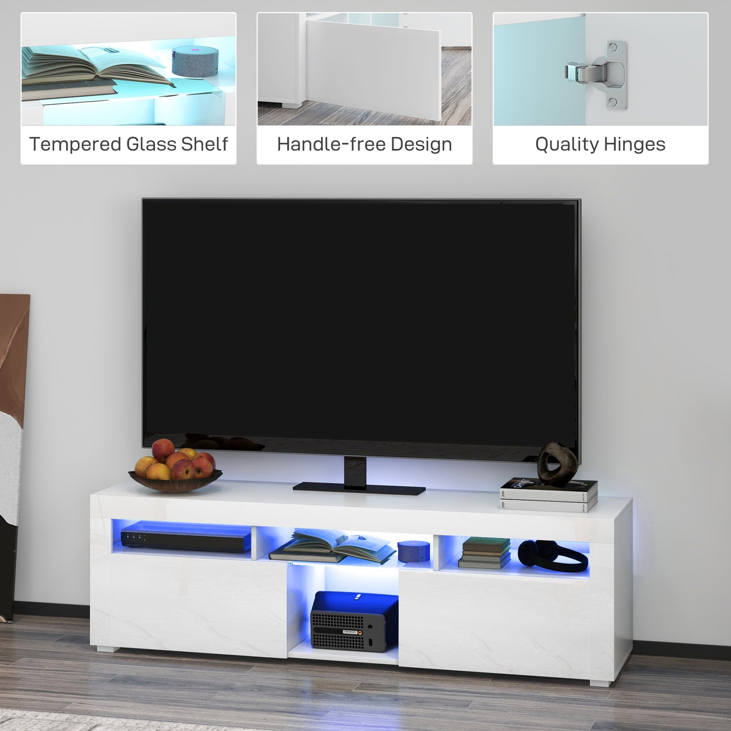HOMCOM Modern White TV Stand with LED Lights, Storage, Open Compartments