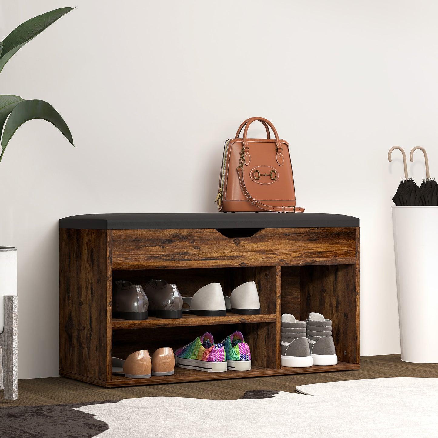 HOMCOM Rustic Brown Entryway Shoe Bench Padded Seat, Hidden Storage & 3-Tier Rack