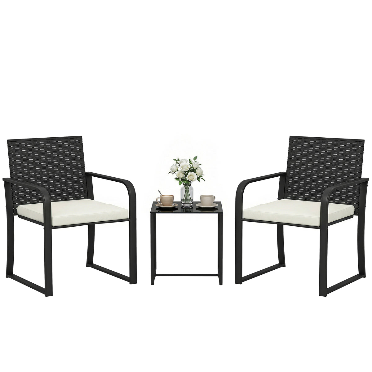 Outdoor Bistro Set, 3 Piece Wicker Patio Furniture with Mesh Seat, Glass Table, Cushions for Porch, Balcony – Cream White