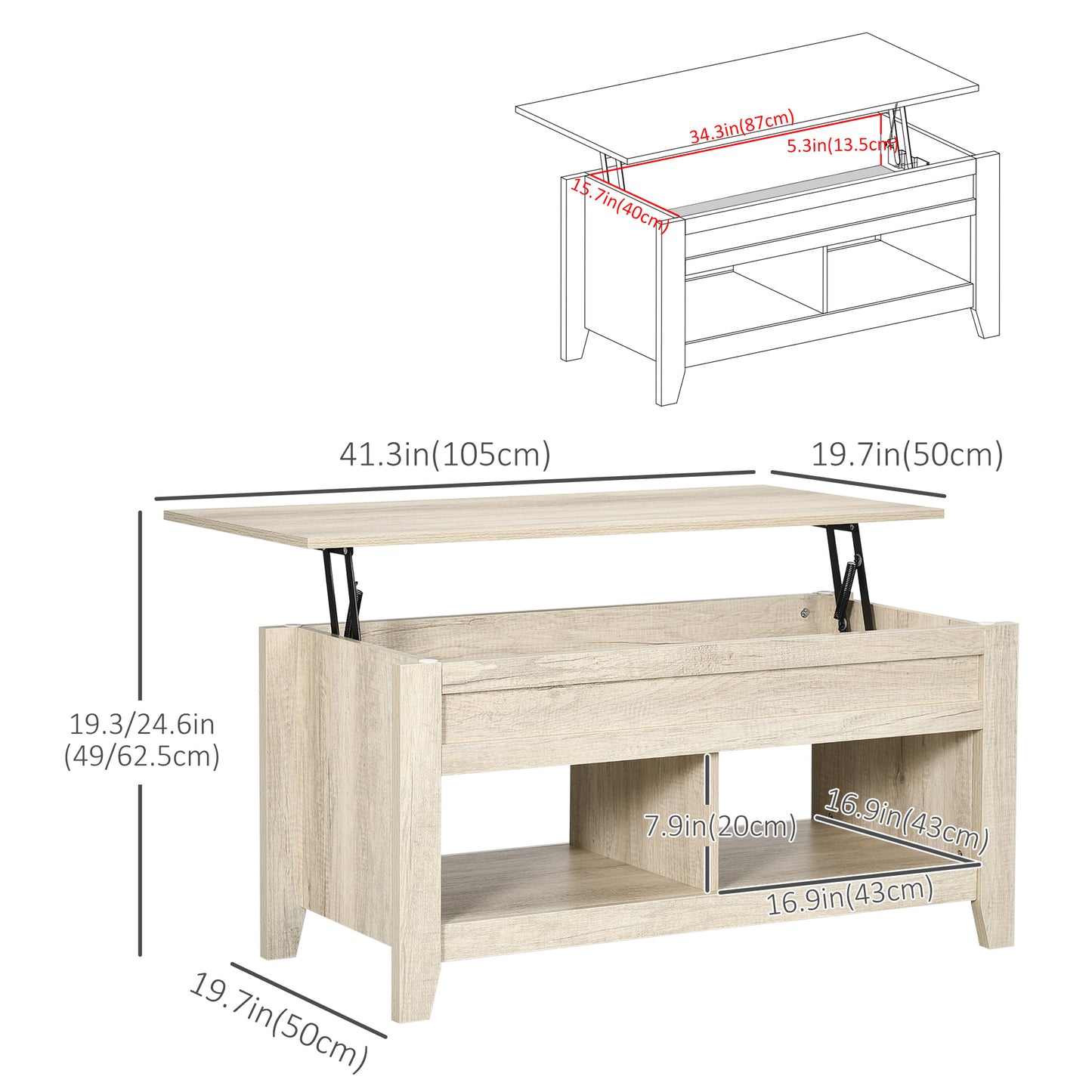 HOMCOM Lift Top Coffee Table with Hidden Storage, Open Shelves, Pop-Up Center Table, Oak Effect
