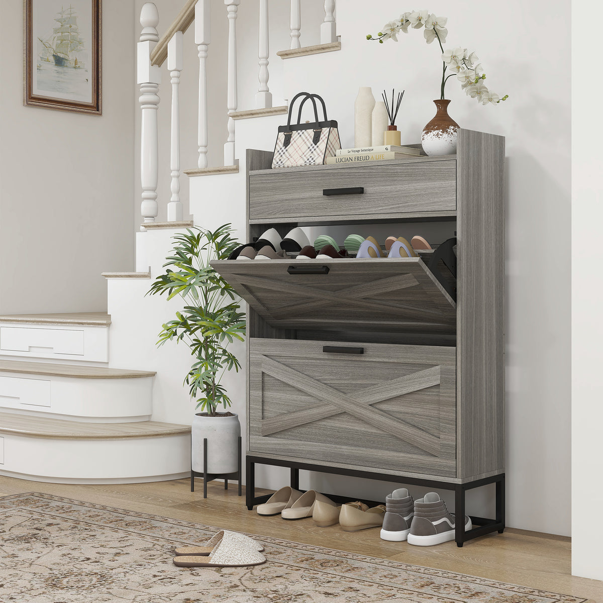 Slim Shoe Storage with 2 Flip Drawers and Adjustable Shelves – 32"W x 45"H