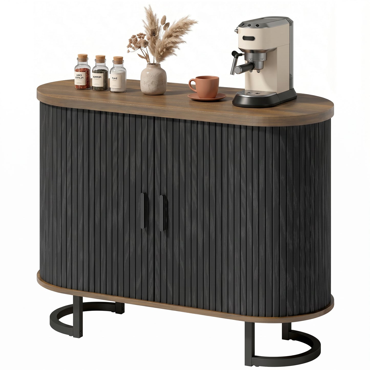 HOMCOM Sideboard Buffet Cabinet Curved Tambour Doors Brown Black