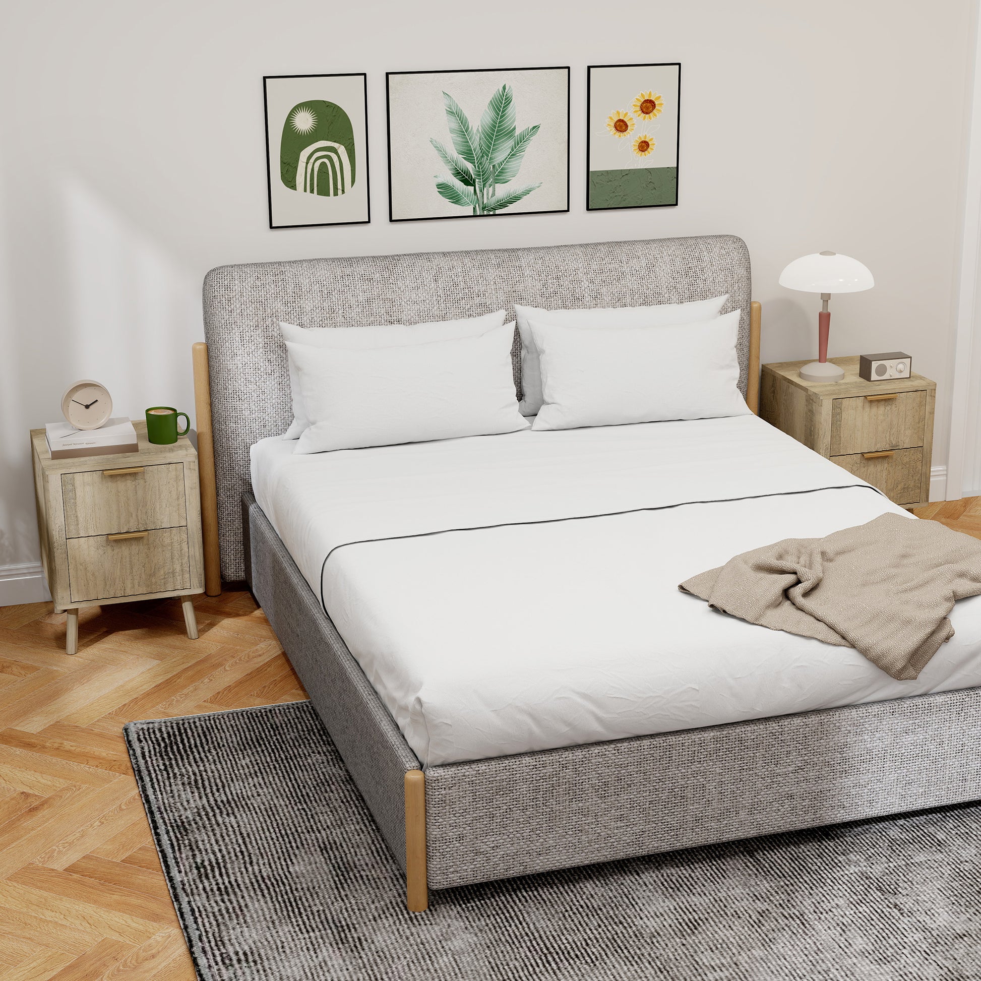 HOMCOM Modern Oak Nightstands Set of 2, Fluted Drawers, Finger Pulls