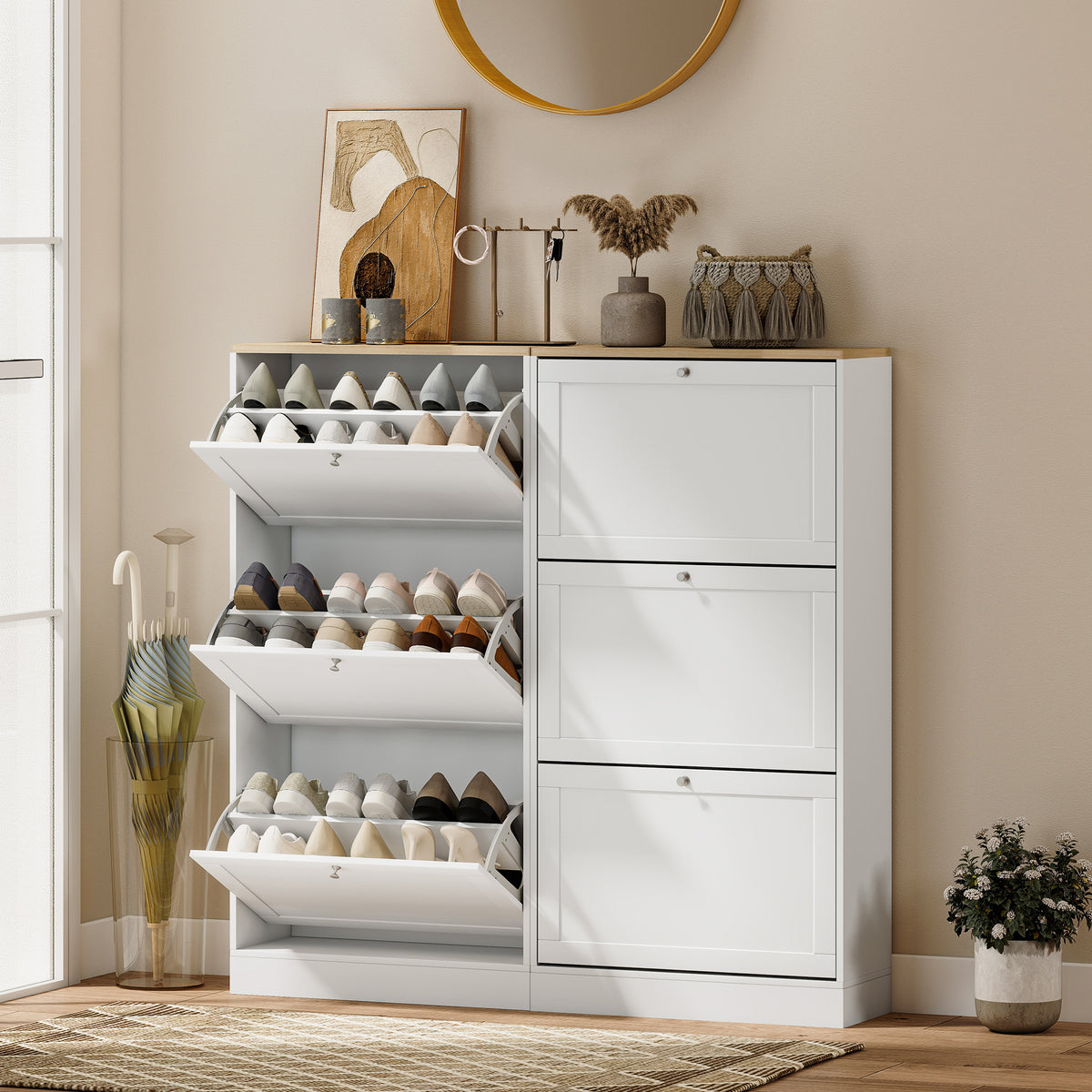 Modern Shoe Storage with 3 Flip Drawers and Adjustable Shelves – 24"W x 45"H