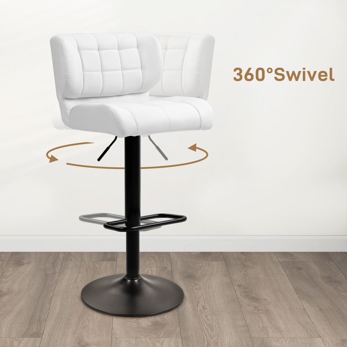 Tufted PU Leather Swivel Bar Stools with Footrest, Set of 2, White