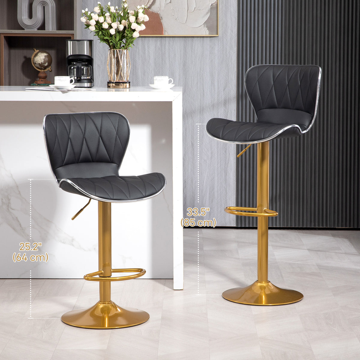 Diamond-Tufted PU Leather Swivel Counter Stools, Gold Base, Set of 2