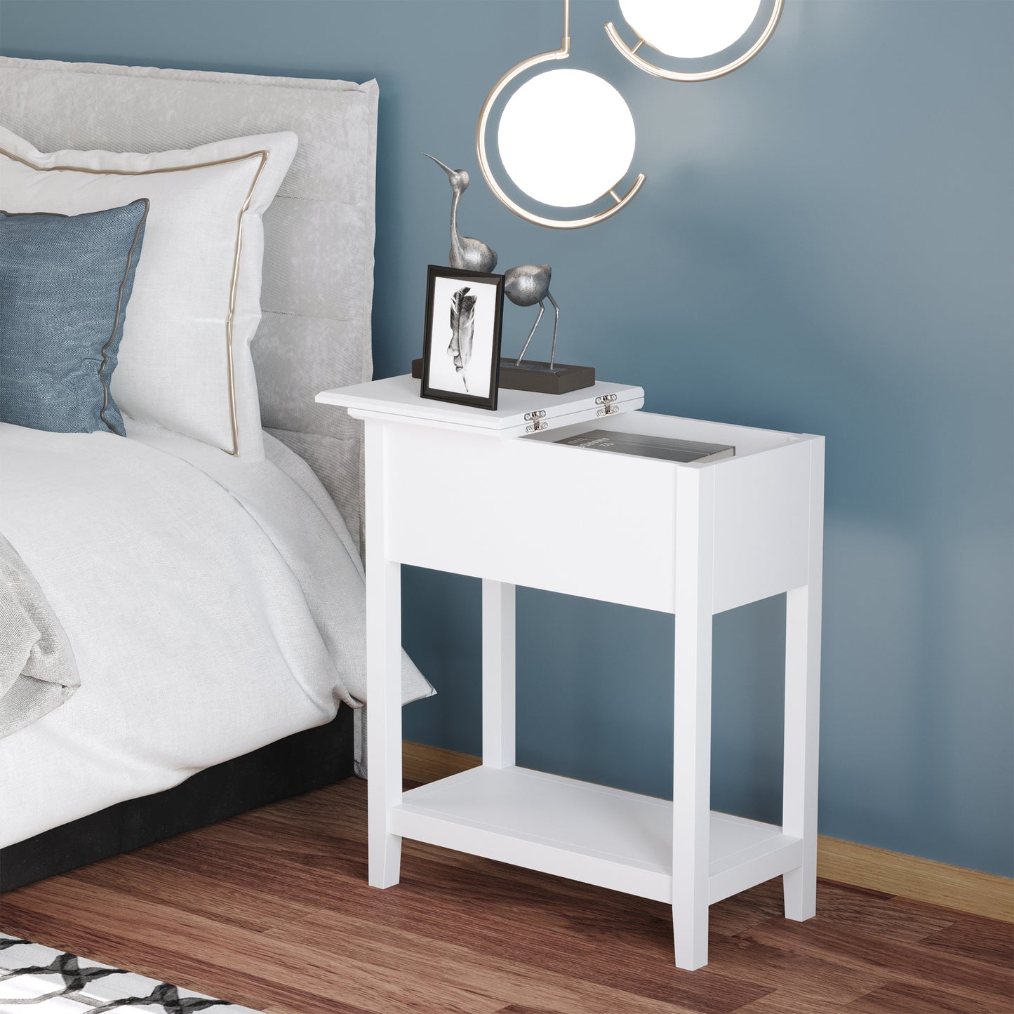 HOMCOM Flip Top End Side Table with Storage, Cable Management, Narrow Nightstand