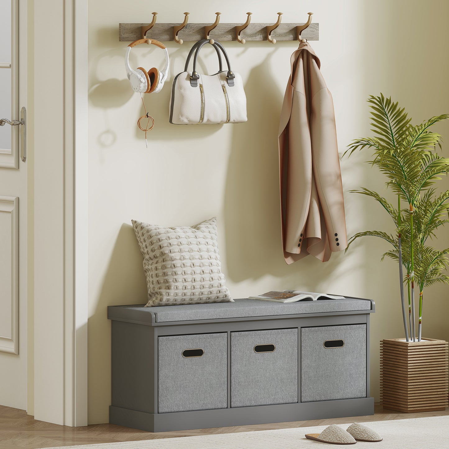 HOMCOM Grey Entryway Shoe Storage Bench with Padded Seat, Three Fabric Drawers