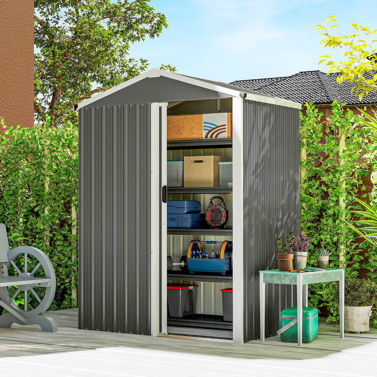 4.5 x 3ft Outdoor Storage Shed, Waterproof Metal Garden Shed with Lockable Door for Backyard, Patio, Lawn – Light Grey