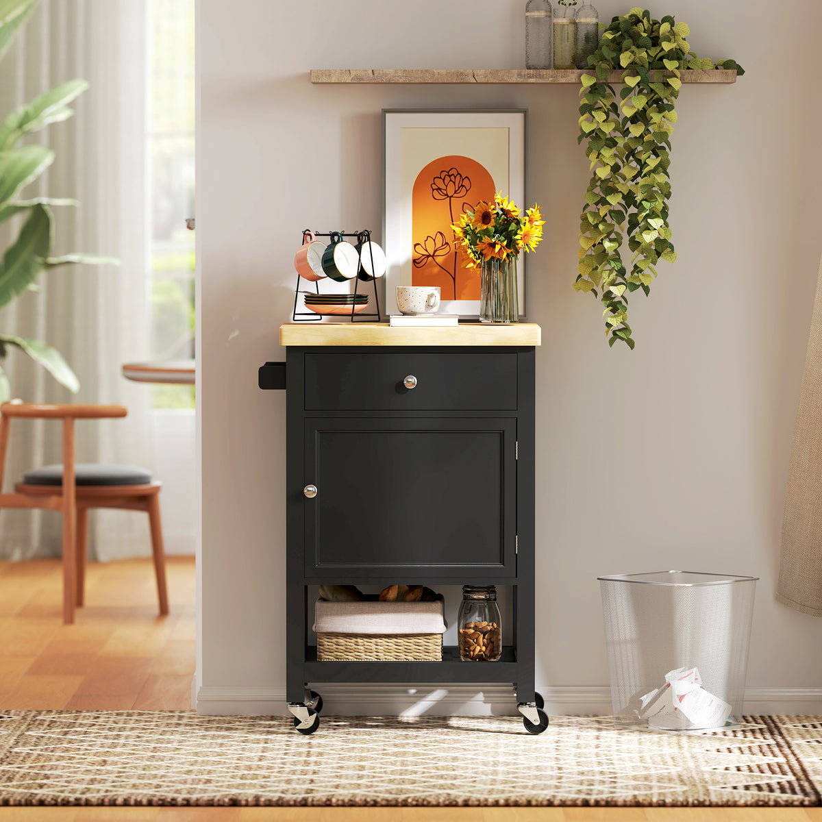 Rolling Kitchen Cart with Wood Top – 25"W x 35"H