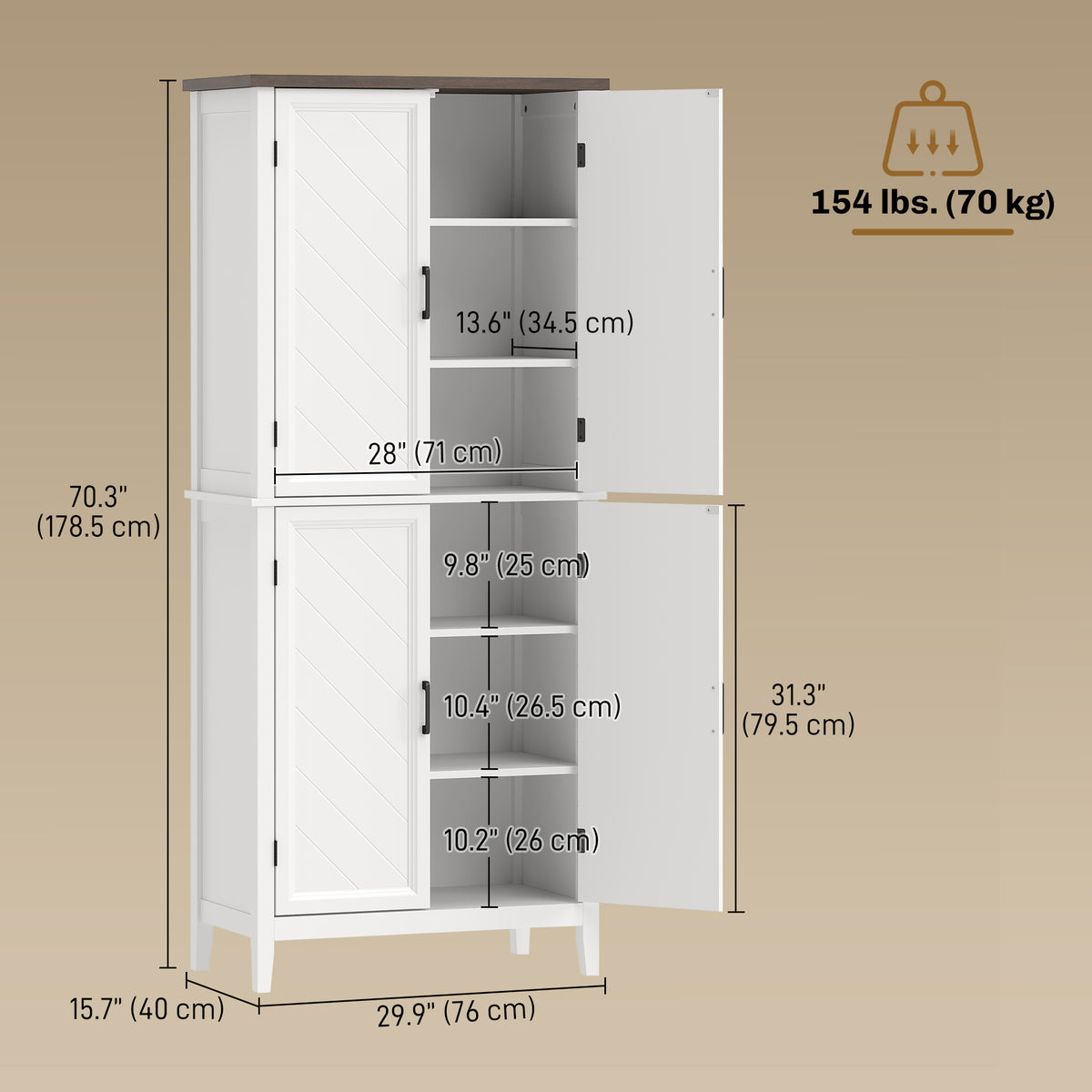 Farmhouse Kitchen Pantry with 4 Chevron Doors – 30"W x 70"H