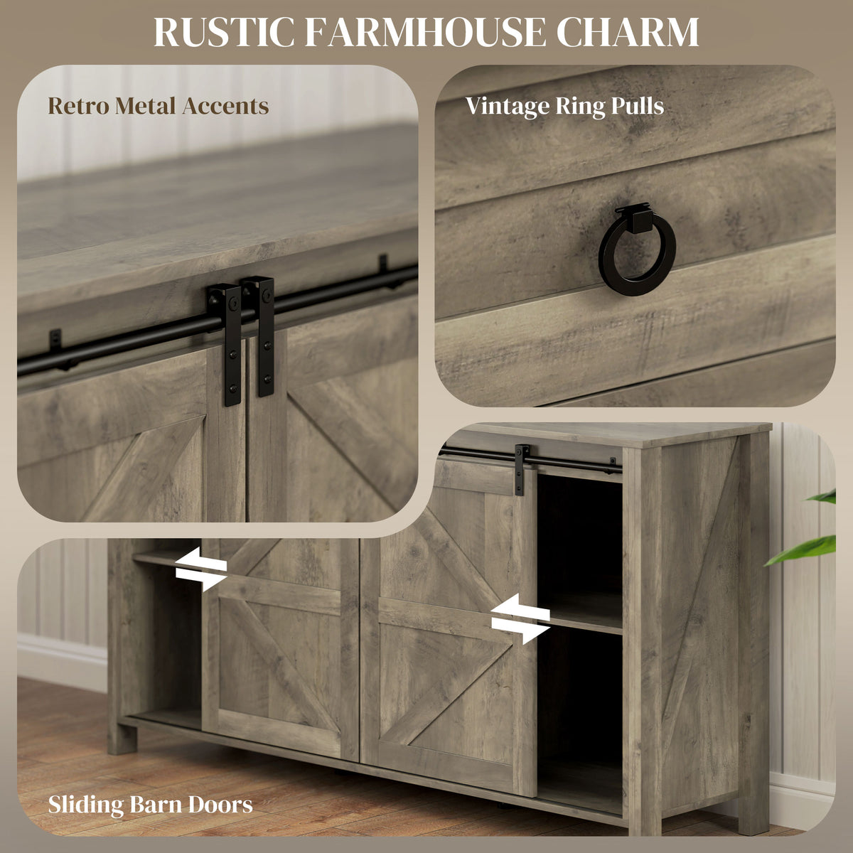 Farmhouse Sideboard with Sliding Barn Doors – 60"W x 31"H