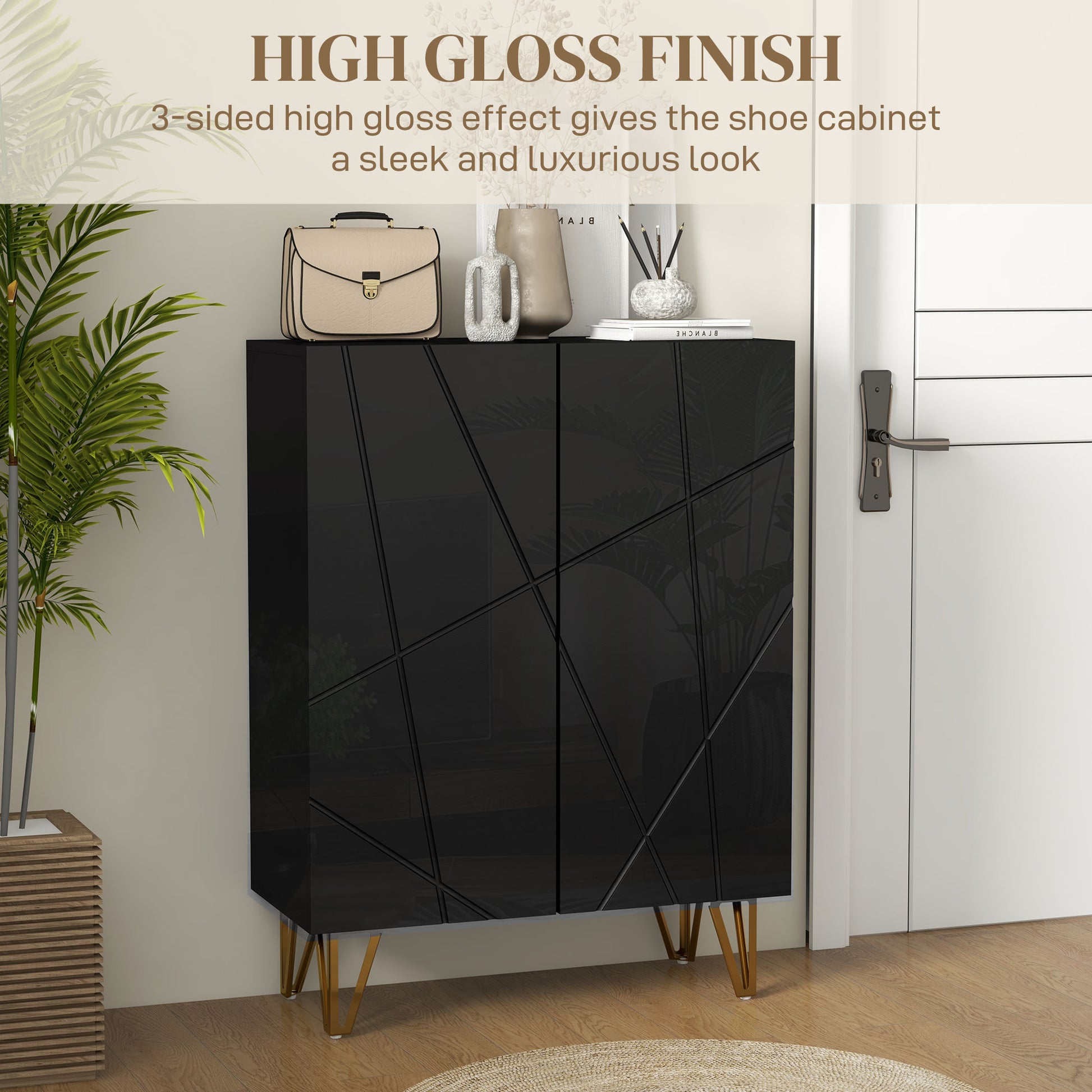 HOMCOM Narrow High-Gloss Black Shoe Storage Cabinet with Soft-Close Hinges