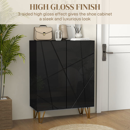 HOMCOM Narrow High-Gloss Black Shoe Storage Cabinet with Soft-Close Hinges