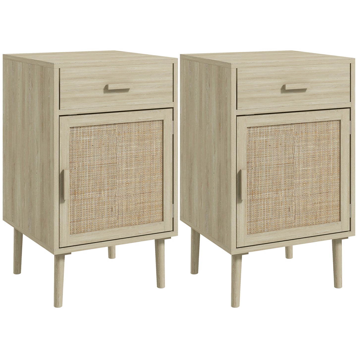 Boho Rattan Bedside Tables Set of 2 with Drawer, Adjustable Shelf, Oak Finish