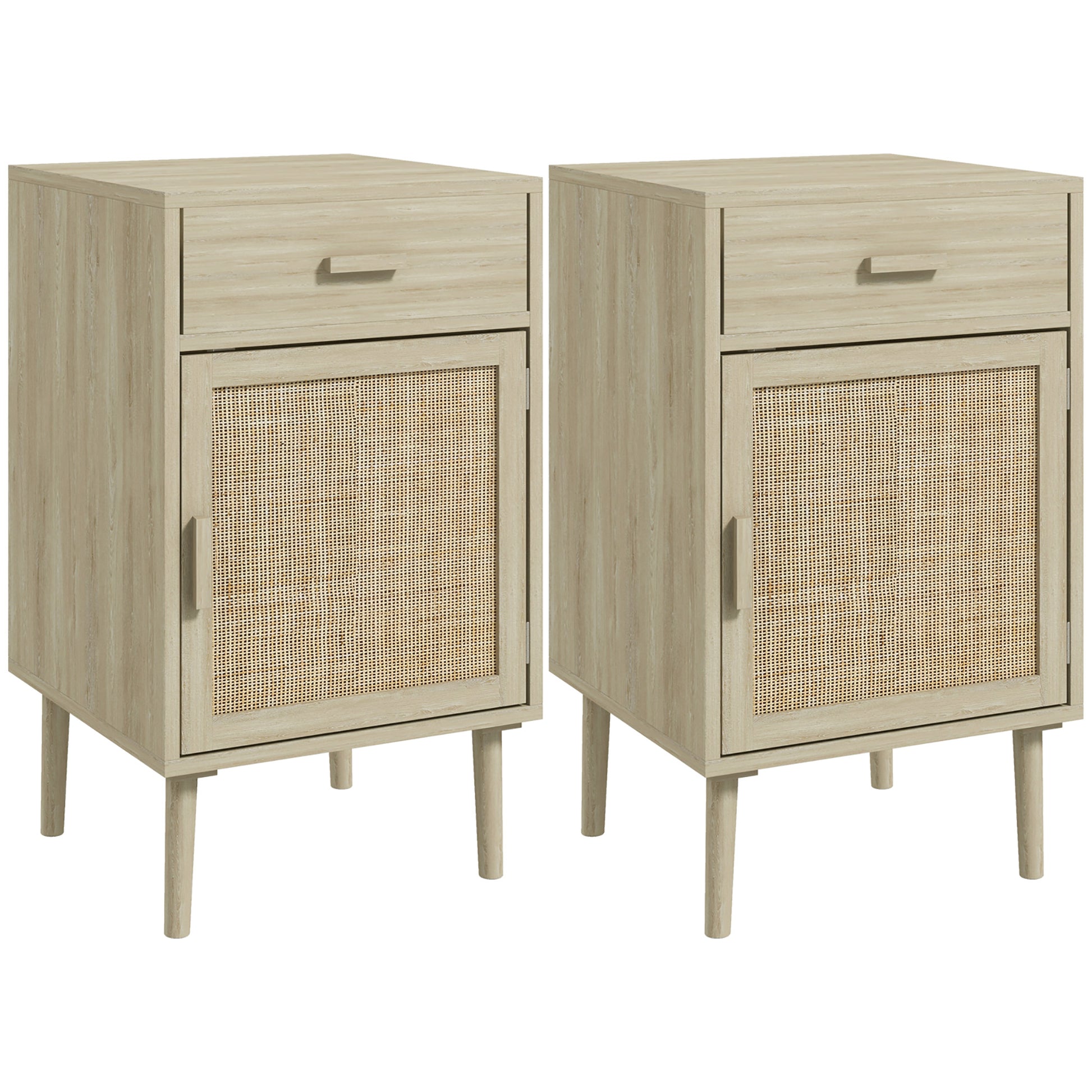 Boho Rattan Bedside Tables Set of 2 with Drawer, Adjustable Shelf, Oak Finish
