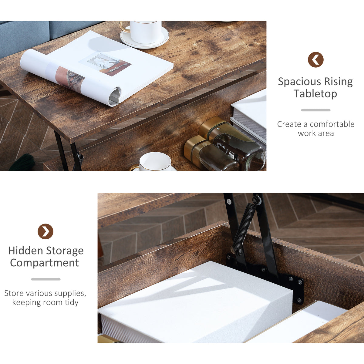 Lift-Top Coffee Table with Hidden Storage and Steel Legs, Rustic Brown