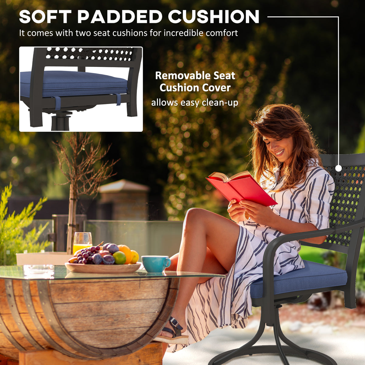 2 Pieces Patio Swivel Chairs with Cushion, Outdoor Swivel Rocker with Curved Armrests, Backrest for Garden, Balcony, Porch