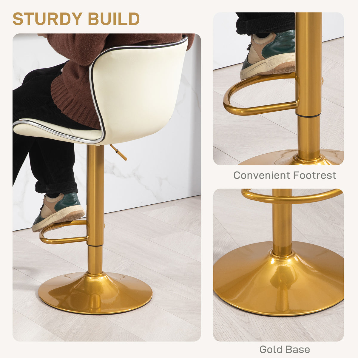 Diamond-Tufted PU Leather Swivel Counter Stools, Gold Base, Set of 2