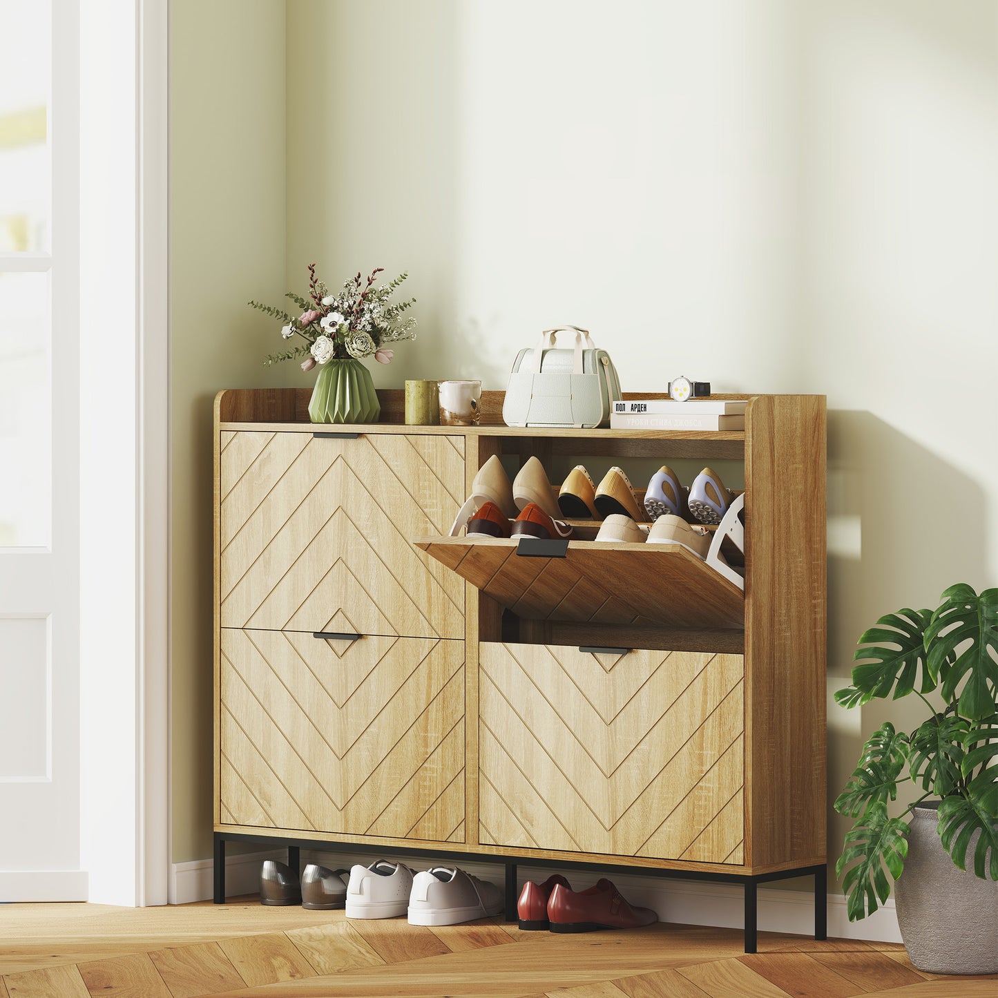 HOMCOM Modern Slim Shoe Cabinet with 4 Flip Drawers for 16 Pairs