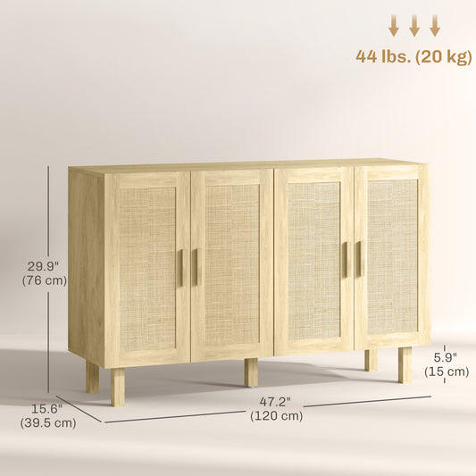 Boho Sideboard Buffet Cabinet with 4 Rattan Doors and Adjustable Shelves – 47"W x 30"H
