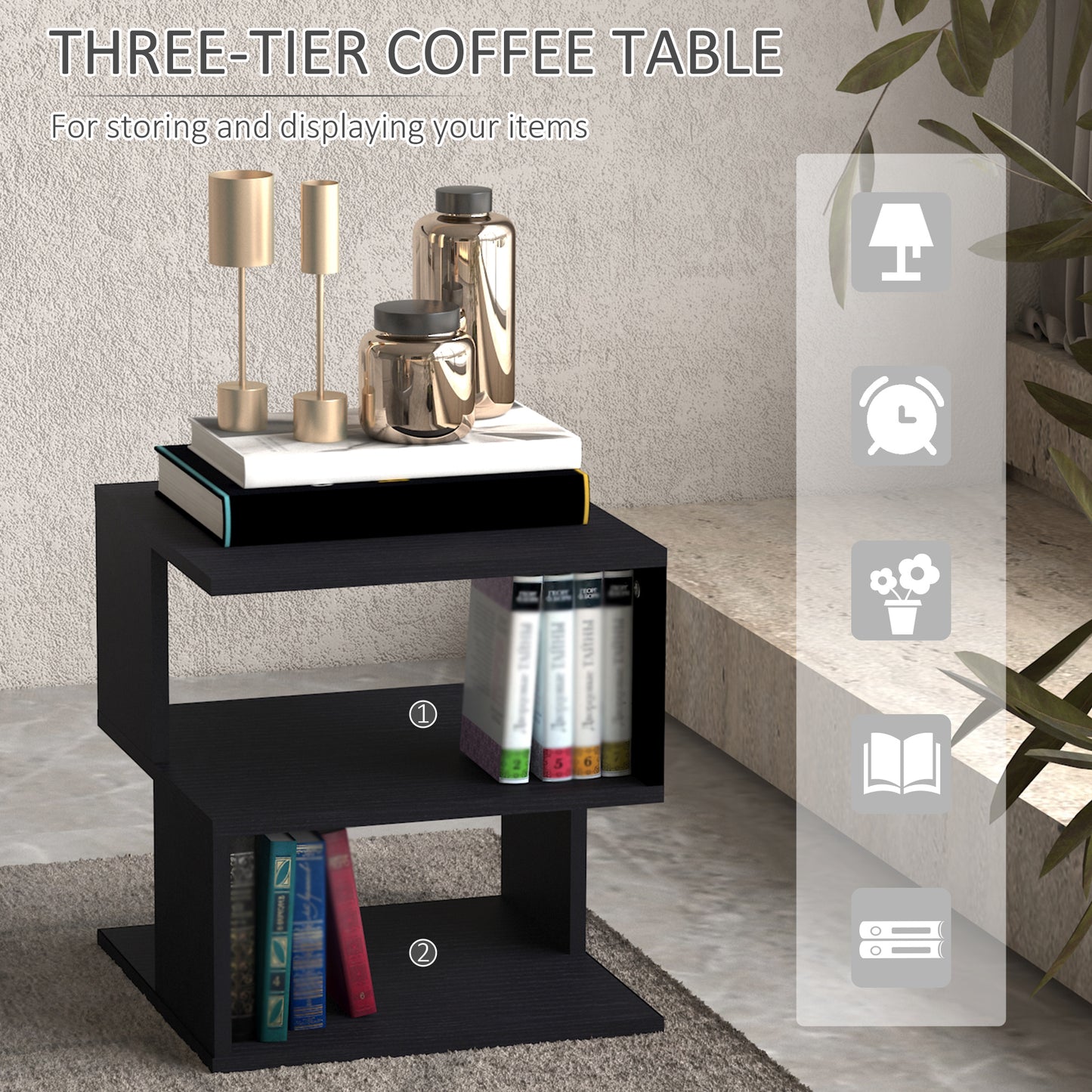 Modern Square 3-Tier Wood Coffee Side End Table with Storage Shelves Black