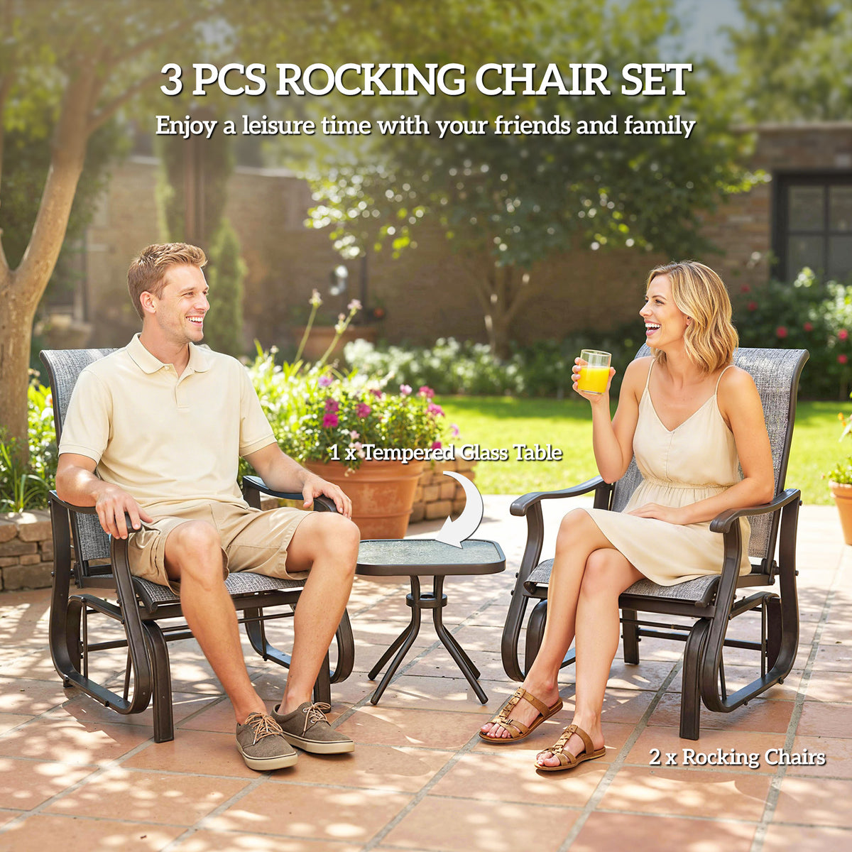 3PCs Gliding Rocking Chair & Bistro Tea Table Set