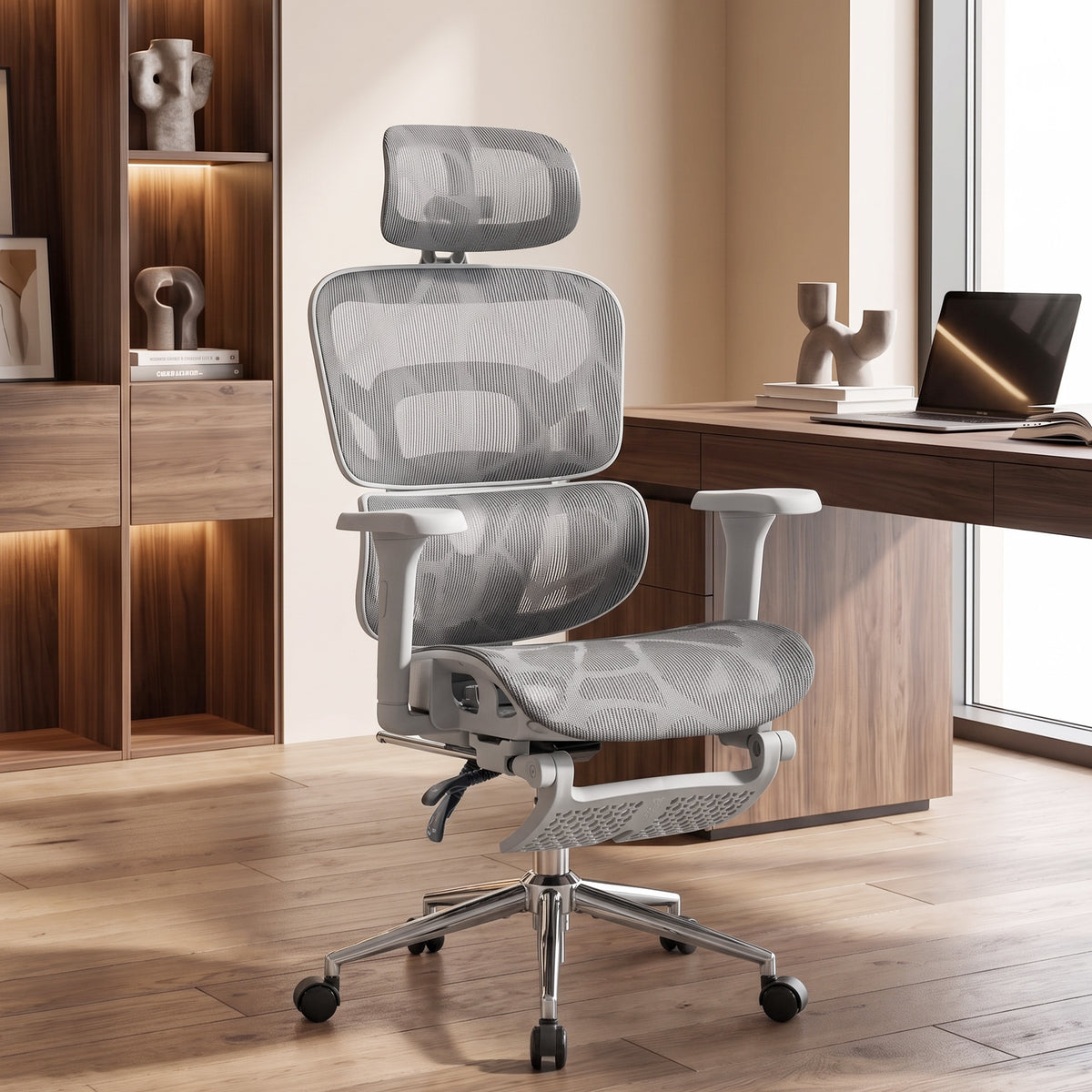 Ergonomic Office Chair with Lumbar Support, 2D Headrest, Mesh Reclining Desk Chair with Footrest, Grey