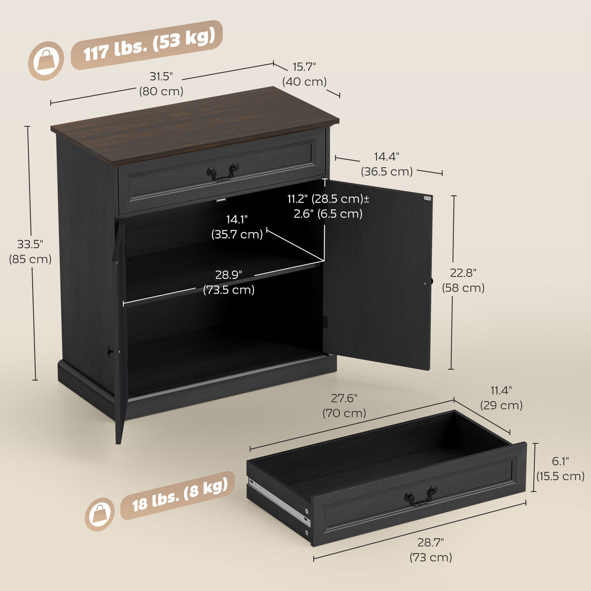 Farmhouse Sideboard with Thick Top – 31"W x 33"H
