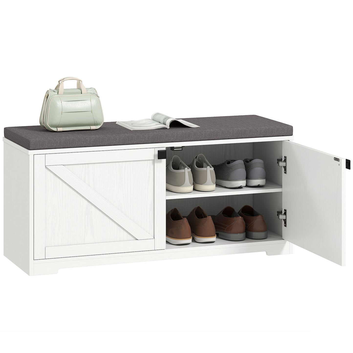 HOMCOM Entryway Shoe Storage Bench, Padded Seat, 8 Pair Organizer, White Wood Grain