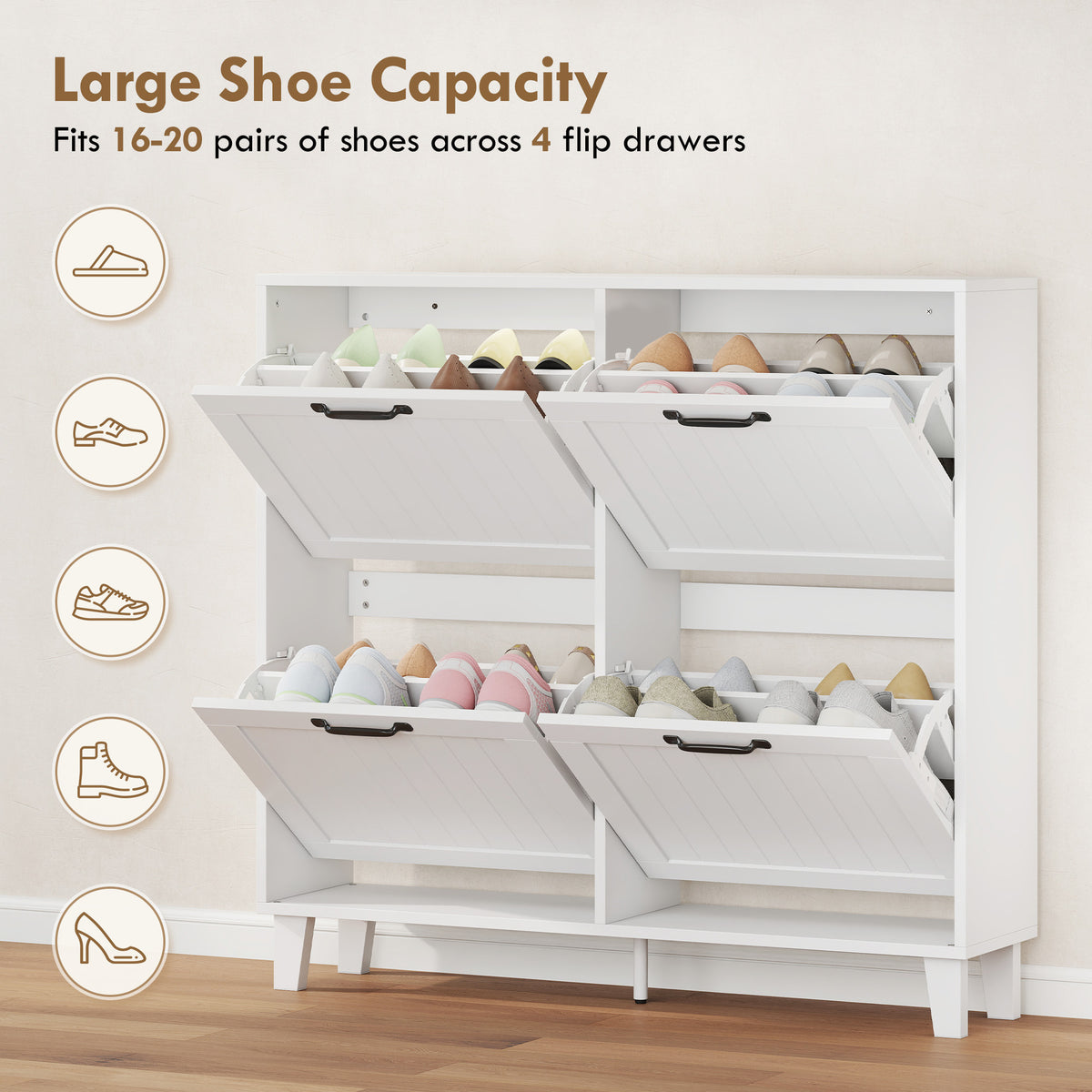 Shoe Cabinet with 4 Flip Drawers – 39"W x 37"H
