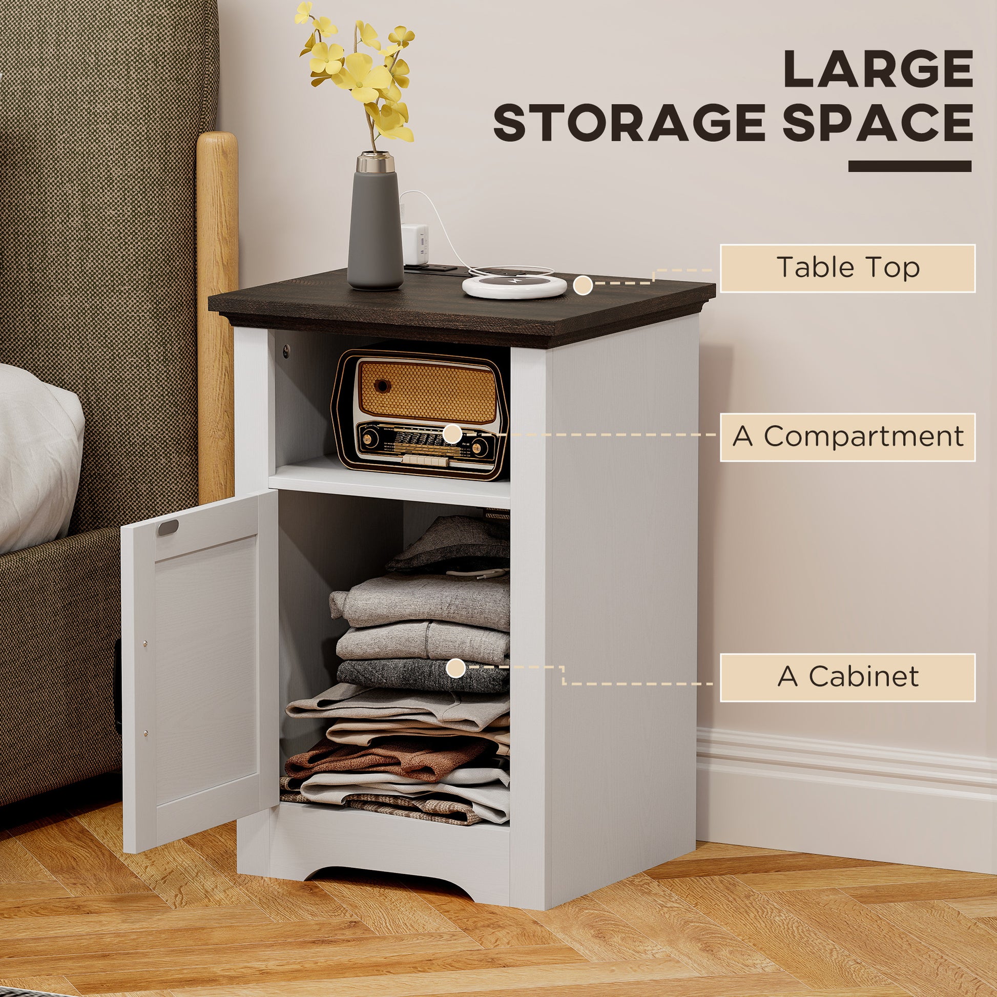 HOMCOM Set of 2 White Nightstands with Charging Outlets and Storage