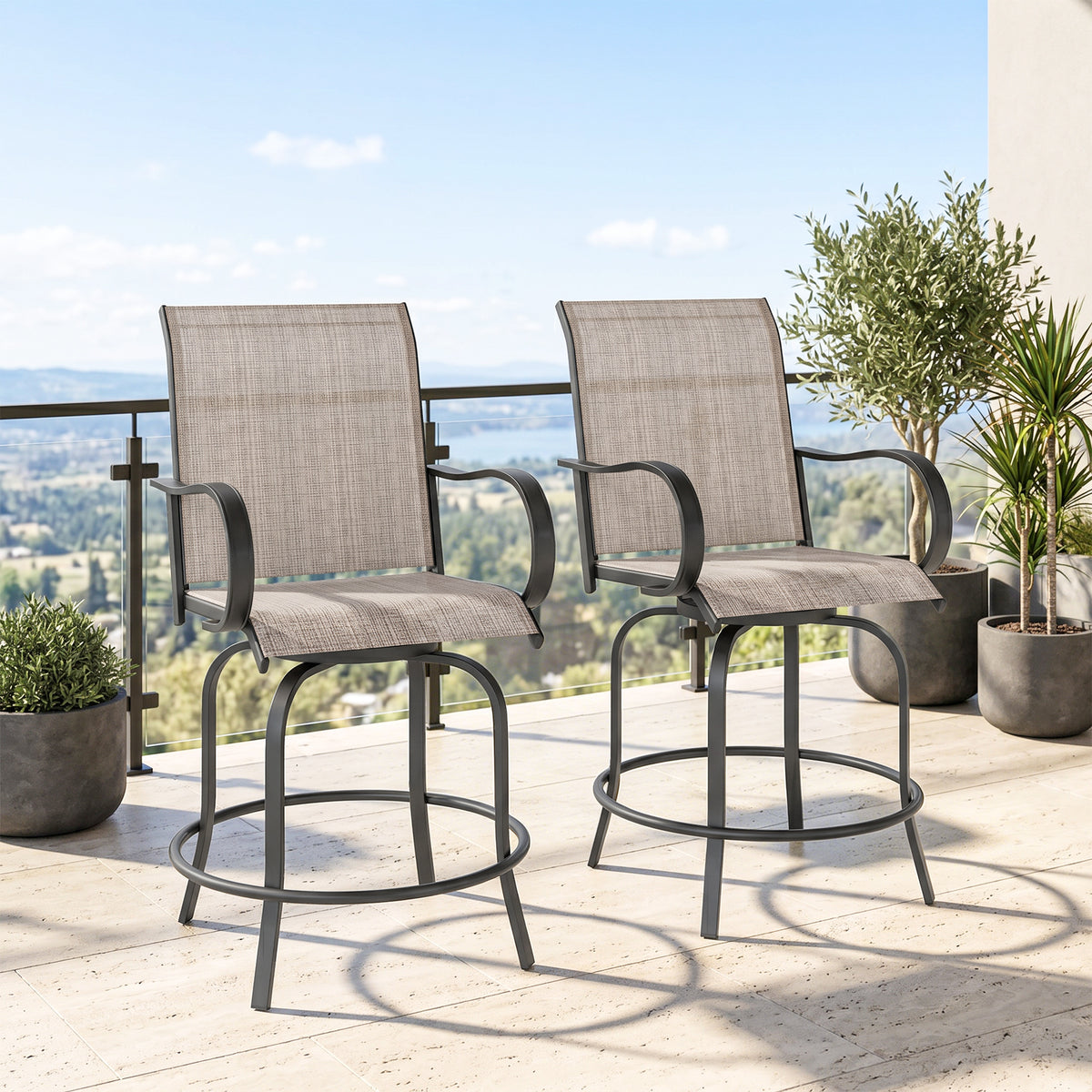 Outdoor Bar Stools Set of 2, 360° Swivel Bar Height Chairs, 26.8" x 29.5" x 48.4", Tan – Tan
