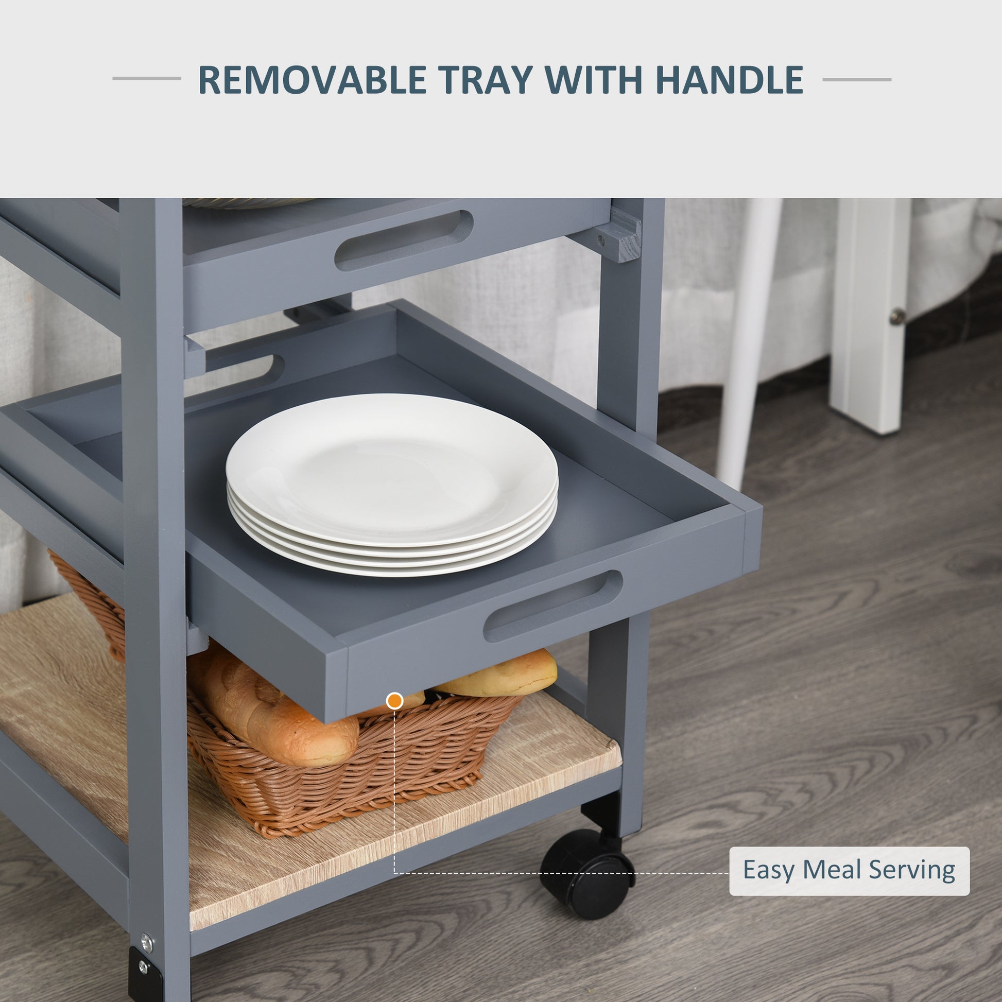 HOMCOM Kitchen Island Rolling Trolley Grey Utility Cart