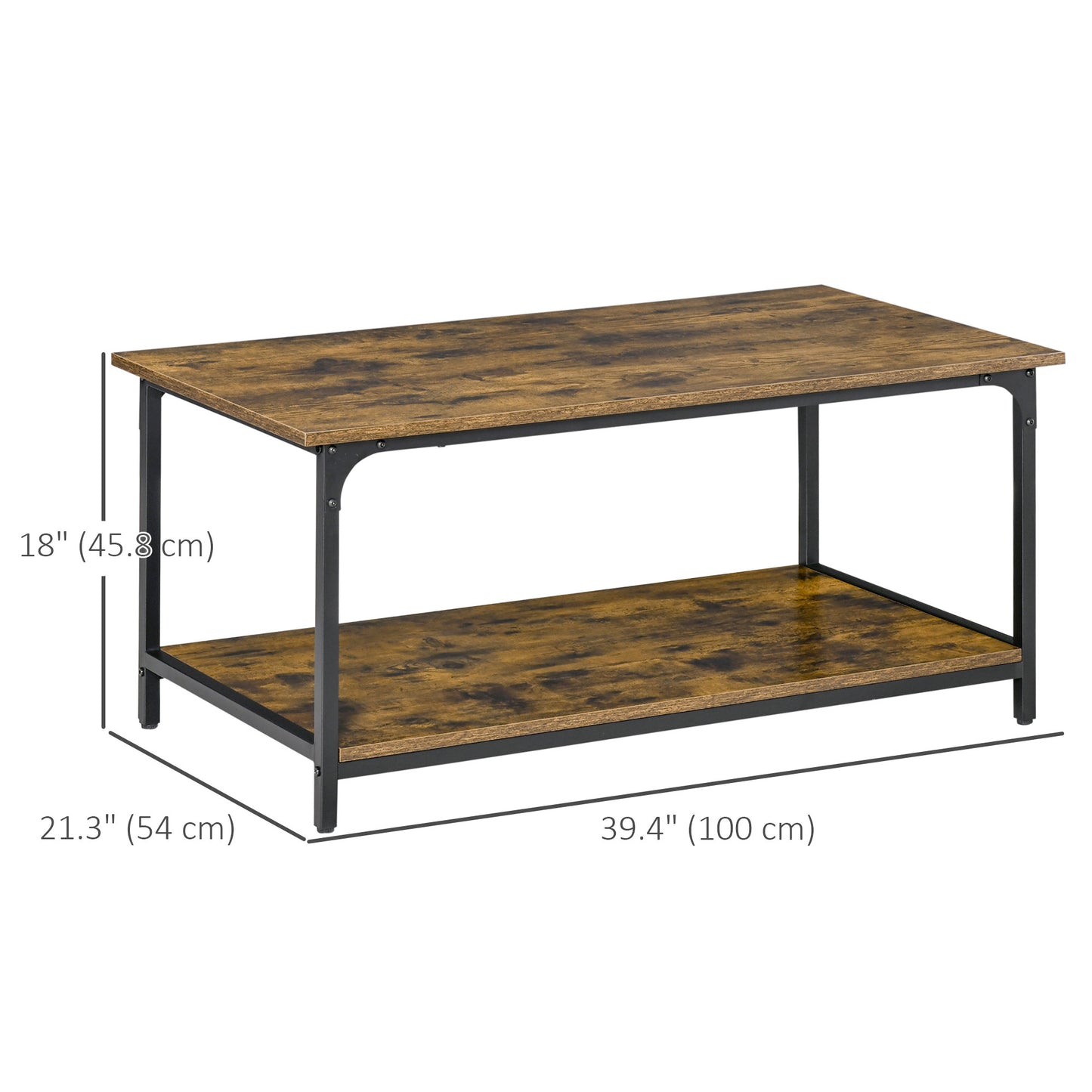 HOMCOM Rustic Industrial 2-Tier Coffee Table Storage Shelf Steel Frame